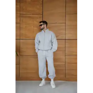 Erkek Premium Parçalı Eşofman Takım - Dik Yaka Fermuarlı Biyeli Sweatshirt Lastik Paça Alt, Oversize 3 iplik Şardonlu - Gri