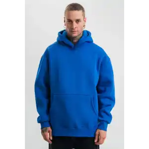 Erkek Saks Mavi Double Oversize 3 İplik Pamuklu Kapüşonlu Kanguru Cepli Sweatshirt Hoodie - Saks Mavi