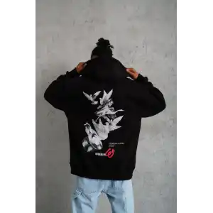 Erkek Şapkalı Güvercin Baskılı Kapşonlu Sweat - Siyah