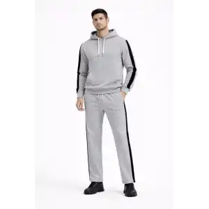 Erkek Şeritli Eşofman Takım Kapüşonlu Sweatshirt Boru Paça Alt, Oversize 3 iplik Pamuklu - Gri