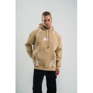 Erkek Şimşek Baskılı Kapşonlu Sweatshirt Üç İplik Pamuklu Kanguru Cepli Double Oversize Hoodie - Füme