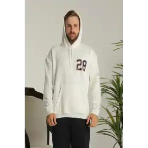 Erkek Sırt Baskılı Oversize Üç İplik Kapüşonlu Sweatshirt - Beyaz