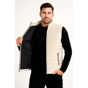 Erkek Şişme Fermuarlı Yelek Su itici Kapitone Astarlı Kumaş Cepli Hafif Kışlık Spor Rahat Kalıp -Bej