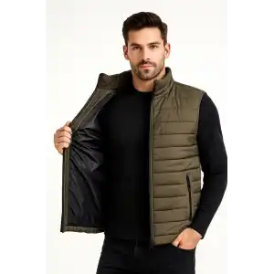 Erkek Şişme Fermuarlı Yelek Su itici Kapitone Astarlı Kumaş Cepli Hafif Kışlık Spor Rahat Kalıp - Haki