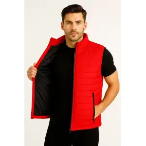 Erkek Şişme Fermuarlı Yelek Su itici Kapitone Astarlı Kumaş Cepli Hafif Kışlık Spor Rahat Kalıp - Kırmızı