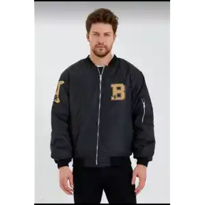 Erkek Siyah Bomber Kolej Mont – B Harfi ve Kemik Baskılı, Su İtici Kumaş, Kapitone Astarlı Fermuarlı Ceket - Siyah