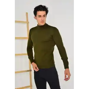 Erkek Tam Balıkçı Yaka Düz Renk Kazak - Yeşil