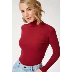 Erkek Tam Boğazlı Fitilli Kaşkorse Triko – Likralı, Extra Dar Kesim Slimfit, Yumuşak Kaşmir Dokulu Model- Bordo