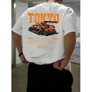Erkek Turuncu Spor Araba Grafik Tişört - TOKYO Baskılı Günlük Oversize Kısa Kollu Tişört, Yetişkinler için Yazlık Giyim, Turuncu Araba Tasarımı - Beyaz