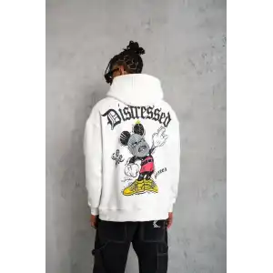 Erkek Üç İplik Baskılı Kapüşonlu Sweat - Beyaz