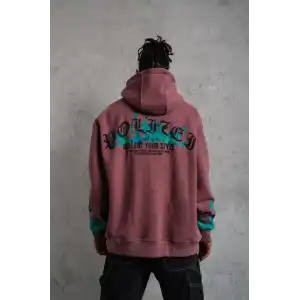 Erkek Üç İplik içi Pamuklu Alev Baskılı Kapüşonlu Sweatshirt - Gül Kurusu