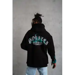 Erkek Üç İplik İçi Pamuklu Alev Baskılı Kapüşonlu Sweatshirt - Siyah