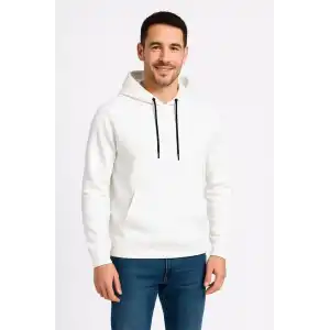 Erkek Üç İplik Kapüşonlu Kanguru Cepli SweatShirt hoodie - Beyaz