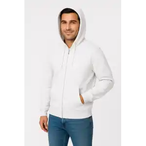 Erkek Üç İplik Kapüşonlu Tam Fermuarlı Kanguru Cepli SweatShirt Hoodie - Beyaz