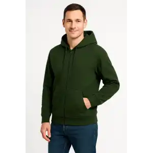 Erkek Üç İplik Kapüşonlu Tam Fermuarlı Kanguru Cepli Sweatshirt Hoodie - Haki