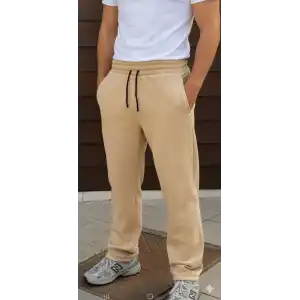 Erkek Üç iplik Kışlık Pamuklu Ovarsize Bağcıklı Düz Paça Cepli Eşofman Altı Spor Rahat Model - Bej