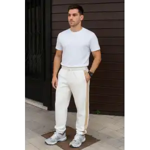 Erkek Üç İplik Kışlık Pamuklu Yandan Garneli Kalın Bej Şeritli Cepli Eşofman Altı - Beyaz