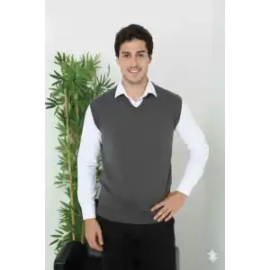 Erkek V Yaka Kolsuz Süveter Triko Kazak yumuşak dokulu Pamuklu ince Dokuma Rahat Regular kalıp - Füme