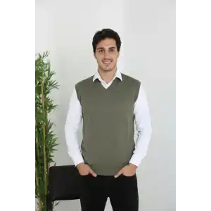 Erkek V Yaka Kolsuz Süveter Triko Kazak yumuşak dokulu Pamuklu ince Dokuma Rahat Regular kalıp - Haki