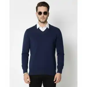 Erkek V Yaka Triko Kazak yumuşak dokulu Pamuklu ince Dokuma, uzun kollu Rahat Regular kalıp - Lacivert