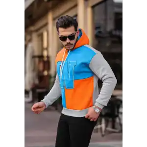 Erkek W Nakış İşlemeli Kapüşonlu Sweatshirt - Mavi