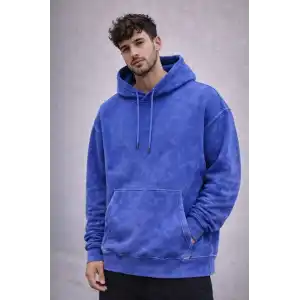 Erkek Yağ Yıkamalı Kapşonlu Double Oversize Üç İplik Pamuklu Sweatshirt - Mavi