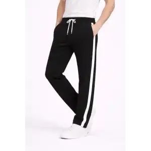 Erkek Yandan Şeritli Boru Paça Eşofman Altı 3 iplik Pamuklu Eşofman - Siyah