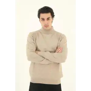 Erkek Yarım Balıkçı Yaka Triko Kazak - Bej