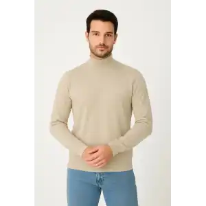 Erkek Yarım Boğaz Triko Kazak yumuşak dokulu Pamuklu ince Dokuma, uzun kollu Rahat Regular kalıp - Bej