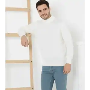Erkek Yarım Boğaz Triko Kazak yumuşak dokulu Pamuklu ince Dokuma, uzun kollu Rahat Regular kalıp - Beyaz