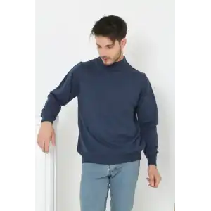 Erkek Yarım Boğaz Triko Kazak yumuşak dokulu Pamuklu ince Dokuma, uzun kollu Rahat Regular kalıp - İndigo