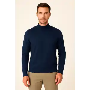 Erkek Yarım Boğaz Triko Kazak yumuşak dokulu Pamuklu ince Dokuma, uzun kollu Rahat Regular kalıp - Lacivert