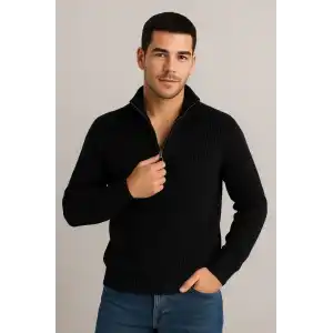 Erkek Yarım Fermuarlı Triko Kazak – Selanik Örgü, Dik Yaka, Pamuklu Dokuma, Regular Fit Uzun Kollu Kışlık Model - Siyah