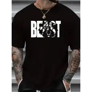 Eşsiz Baskı Tasarımlı Şık Büyük Beden Erkek Tişörtü - Rahat Polyester, Makinede Yıkanabilir, Yuvarlak Yaka - Her Mevsim İçin Mükemmel - Siyah