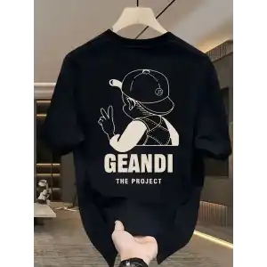 Geniş Kesim Pamuklu Tişört - GANDHI The Project Baskılı, Siyah, Rahat Kesim, Kısa Kollu, Günlük Kıyafet, Her Gün Giyilebilecek Tişört- Siyah