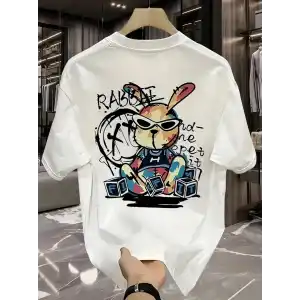 Güneş Gözlüğü Grafikli Karikatür Tavşan Oversize Kısa Kollu Tişört Çift Tişört, İlkbahar Ve Yaz - Beyaz
