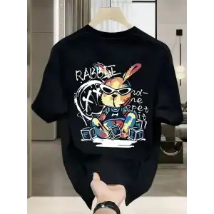 Güneş Gözlüğü Grafikli Karikatür Tavşan Oversize Kısa Kollu Tişört Çift Tişört, İlkbahar Ve Yaz- Siyah