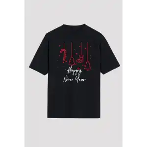 Happy New Year Baskılı T-shirt - Siyah