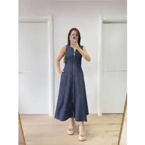 Jeans Kot Önü Tam Fermuarlı Kadın Uzun Elbise - Mavi