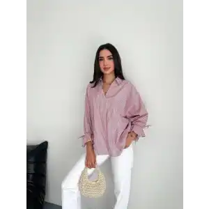 Kadın Arkası Asimetrik Yırtmaç Kesim Detaylı Cizgili Bluz Gömlek - Bordo