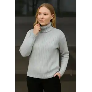 Kadın Balıkcı Yaka Bağazlı Triko Kazak Pamuklu Kalın Fitilli Dokuma - Gri