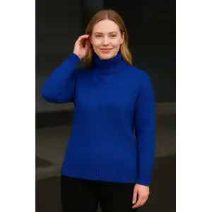 Kadın Balıkcı Yaka Bağazlı Triko Kazak Pamuklu Kalın Fitilli Dokuma - Saks Mavisi