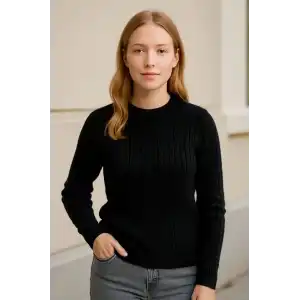 Kadın Bisiklet Yuvarlak Yaka Triko Kazak Pamuklu Kalın Fitilli Dokuma, Regular Fit Uzun Kollu Kışlık Model - Siyah