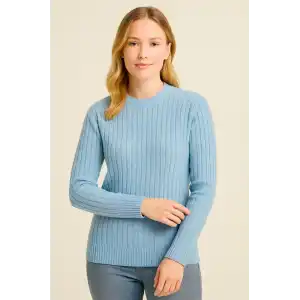 Kadın Bisiklet Yuvarlak Yaka Triko Kazak Pamuklu Kalın Fitilli Dokuma, Regular Fit Uzun Kollu Kışlık Model - Bebe Mavisi