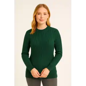 Kadın Bisiklet Yuvarlak Yaka Triko Kazak Pamuklu Kalın Fitilli Dokuma, Regular Fit Uzun Kollu Kışlık Model - Haki