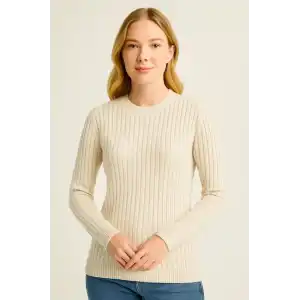 Kadın Bisiklet Yuvarlak Yaka Triko Kazak Pamuklu Kalın Fitilli Dokuma, Regular Fit Uzun Kollu Kışlık Model - Bej