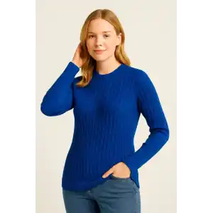 Kadın Bisiklet Yuvarlak Yaka Triko Kazak Pamuklu Kalın Fitilli Dokuma, Regular Fit Uzun Kollu Kışlık Model - Saks Mavisi