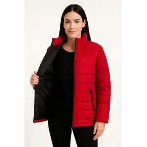 Kadın Bomber Mont Ceket – Su İtici Kumaş, Kapitone Astarlı, Fermuarlı, Kışlık - Kırmızı