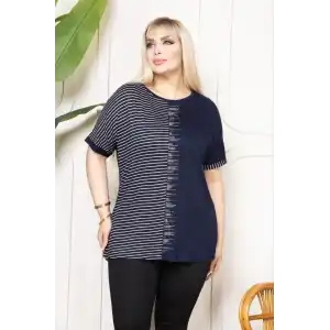 Kadın Büyük Beden Taş Detaylı Çizgili Viskon Tişört Bisiklet Yaka Rahat Kesim - Lacivert