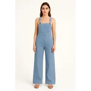 Kadın Chambray Açık Mavi Denim Görünümlü Geniş Paça Salopet Tulum - Mavi